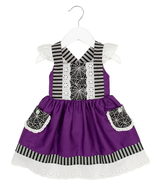 presale GSD1426 Halloween Spider Web Lace Pocket Purple Fly Sleeve Dress 2024 8.14