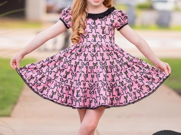 presale GSD1427  Pink short-sleeved dress with Halloween kitten and bow pattern  2024 8.14