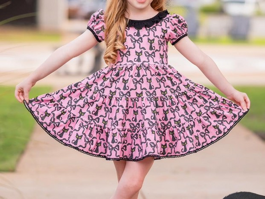 presale GSD1427 Pink short-sleeved dress with Halloween kitten and bow pattern 2024 8.14