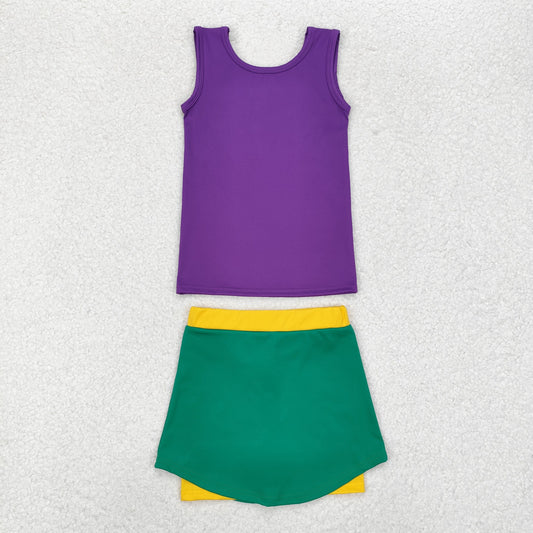GSD1432 Solid purple sleeveless vest yellow green sports skirt suit