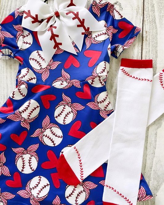 presale GSD1435 Baseball Plaid Bow Hairband Heart Blue Short Sleeve Dress  2024 9.25