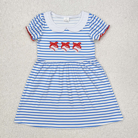 GSD1436  Polka dot red bow headband baseball blue striped doll collar short-sleeved dress