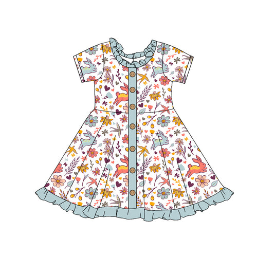 presale GSD1445 Rabbit flower leaves teal lace button white short sleeve dress  2024 9.28