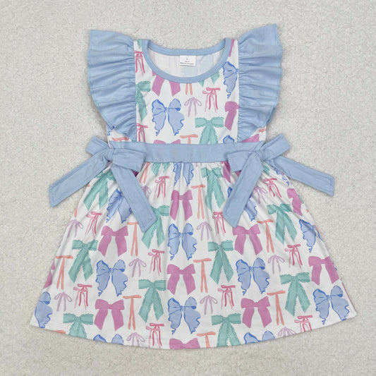 GSD1449 Bow Pattern Blue Lace Bow Fly Sleeve Dress