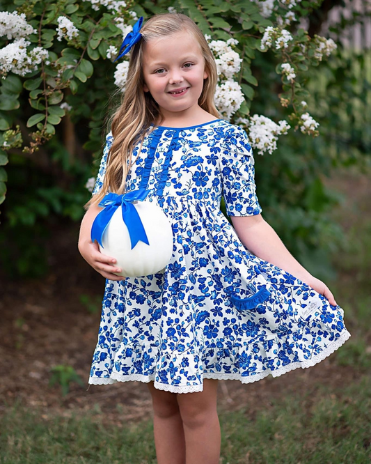 presale GSD1455 White short-sleeved dress with blue floral lace  2024 10.8