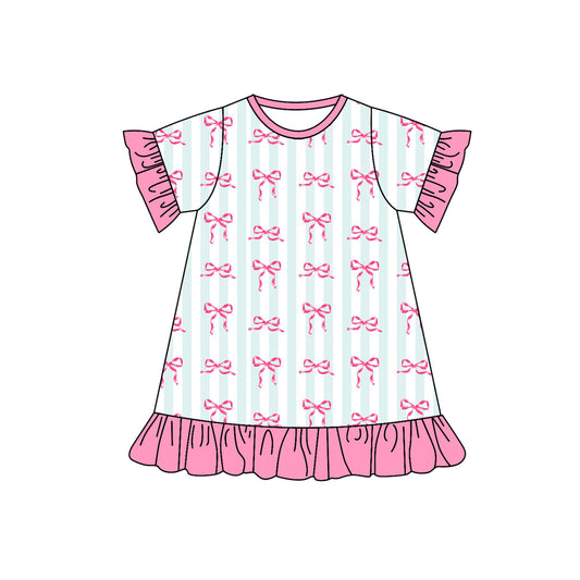 presale GSD1457  Pink lace striped short-sleeved dress with bow pattern 2024 10.9