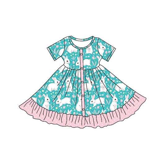 presale GSD1465  Easter Bunny Flower Polka Dot Pink Lace Button Short Sleeve Dress 2024 10.14