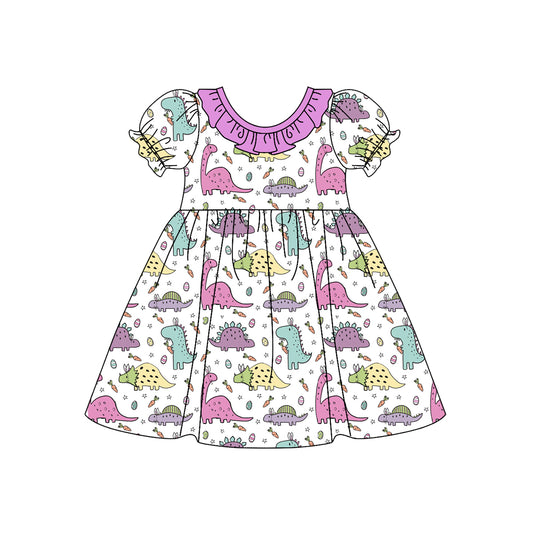 presale GSD1492 Easter Dinosaur Egg Carrot Purple Lace White Short Sleeve Dress  2024 10.21