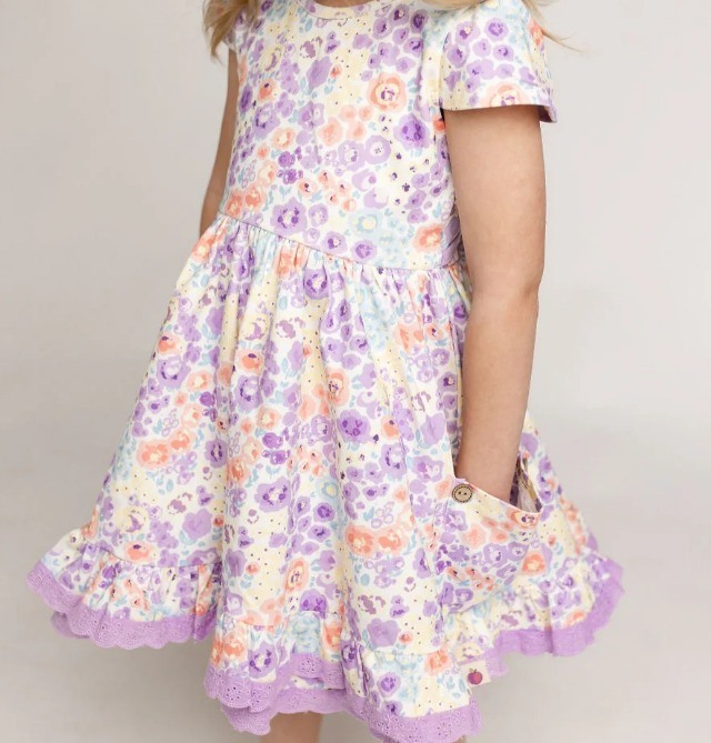 presale GSD1498 Purple and white short-sleeved dress with floral pockets   2024 10.22