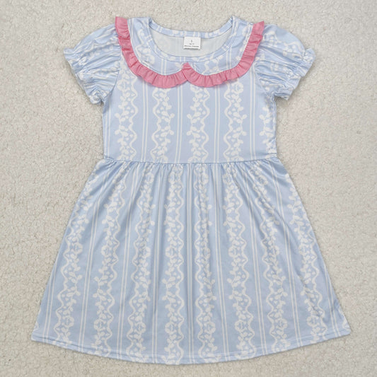GSD1499  Striped pattern pink lace baby doll collar blue short-sleeved dress