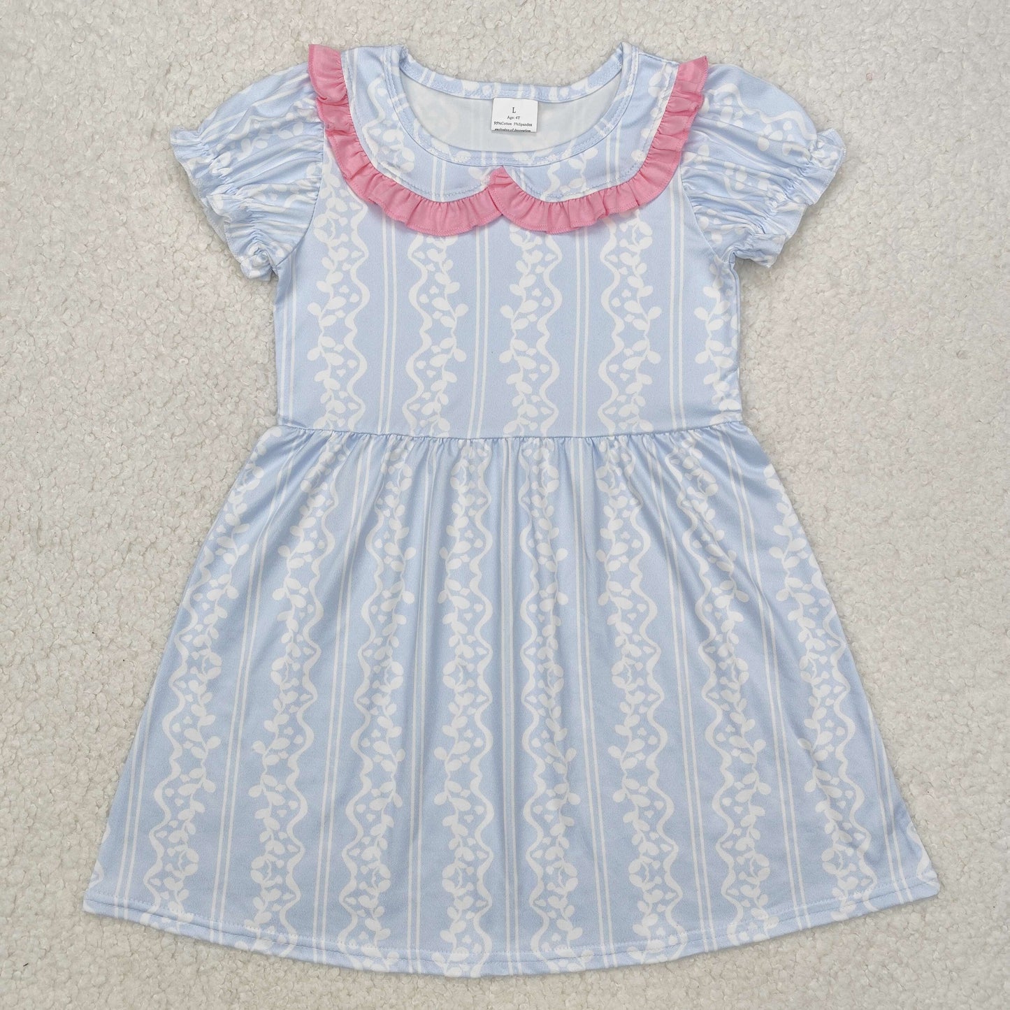 GSD1499  Striped pattern pink lace baby doll collar blue short-sleeved dress