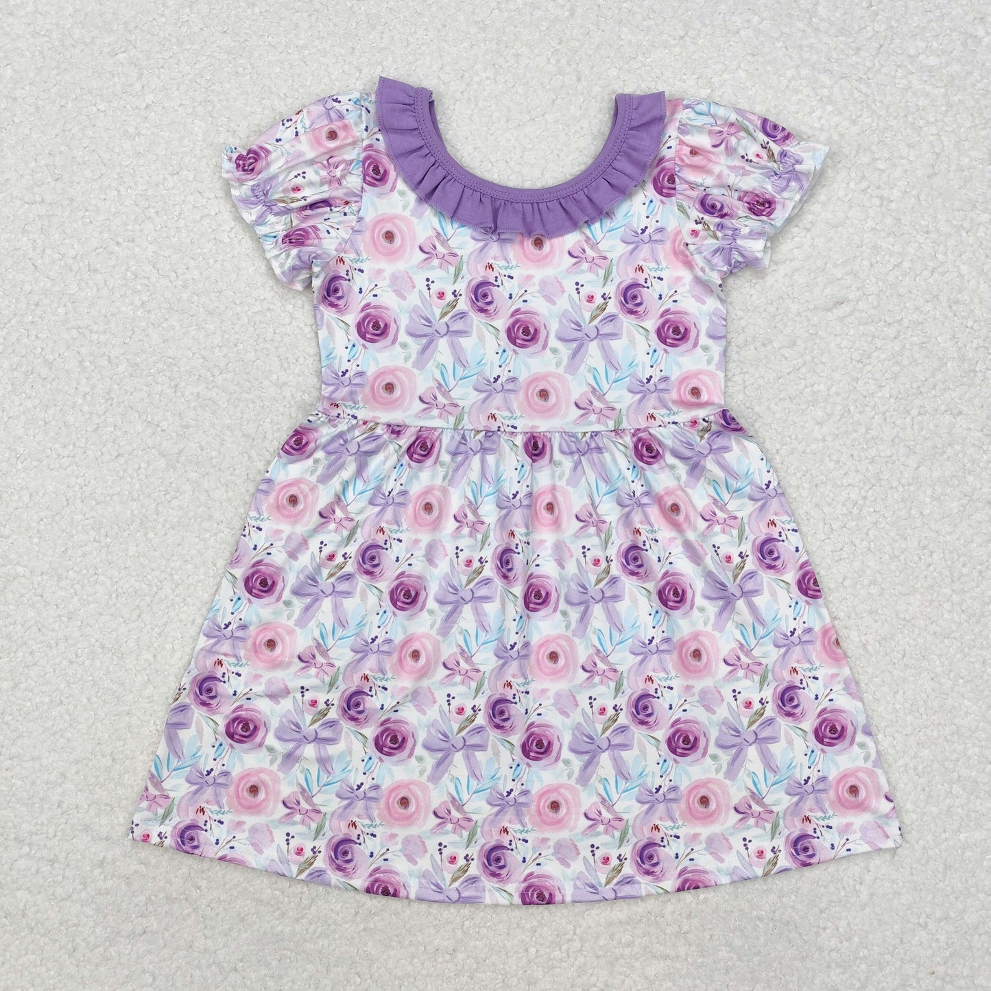 GSD1516 Purple Lace Short Sleeve Dress with Flower and Bowknot Pattern
