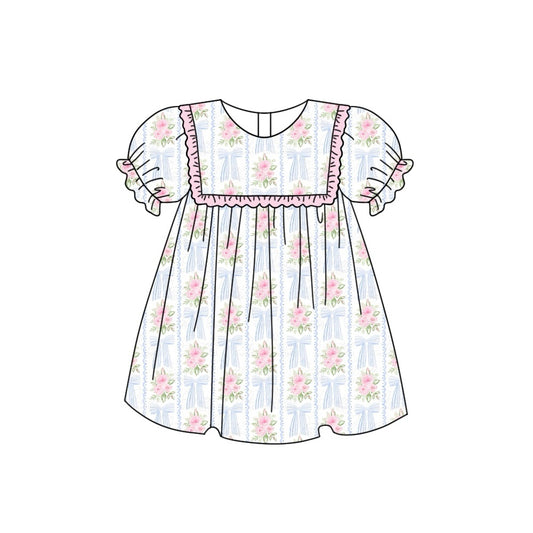 presale GSD1519 White short-sleeved dress with flower, leaf and blue bow pattern 2024 10.25