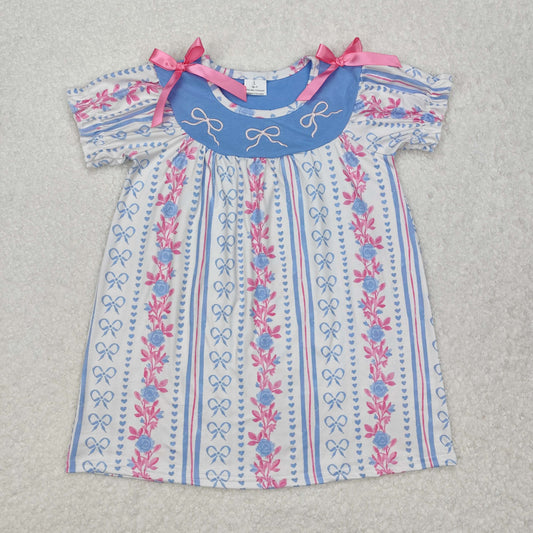 GSD1520 Pink Bow Flower Striped Short Sleeve Dress