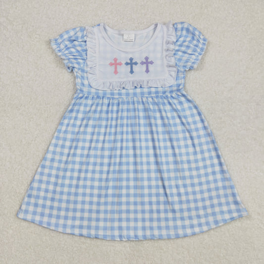 GSD1522 Cross Lace Blue Plaid Short Sleeve Dress D 3.1