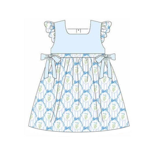 Presale GSD1525 Blue floral bow striped dress with flying sleeves 2024 10.26