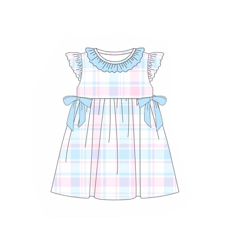 Presale GSD1527 Powder blue plaid blue lace bow flying sleeve dress  2024 10.26