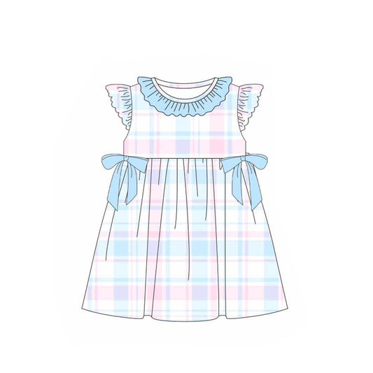 Presale GSD1527 Powder blue plaid blue lace bow flying sleeve dress 2024 10.26