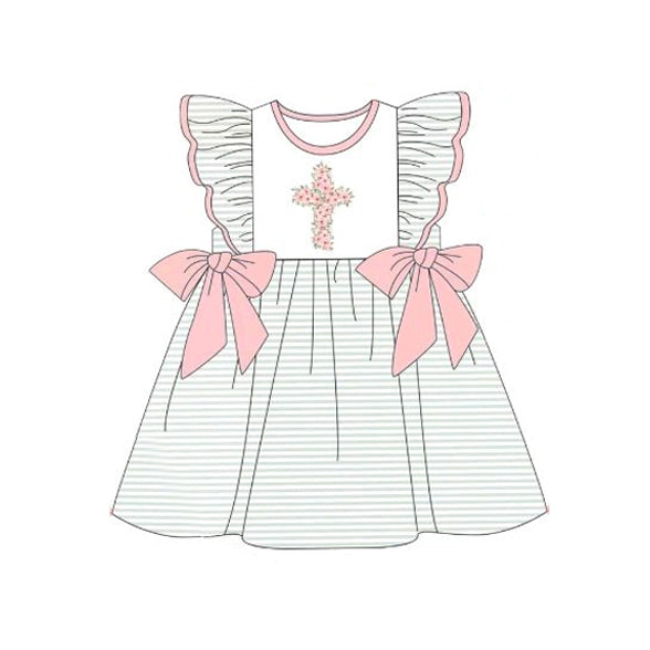 Presale GSD1530 Flower Cross Green Striped Pink Bow Flying Sleeve Dress  2024 10.26