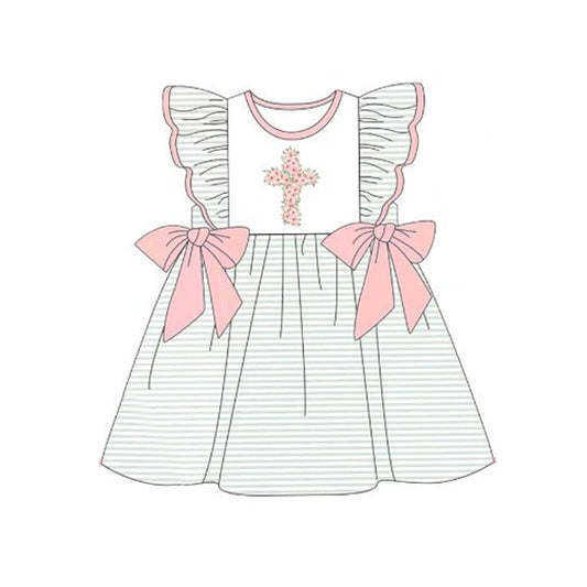 Presale GSD1530 Flower Cross Green Striped Pink Bow Flying Sleeve Dress  2024 10.26