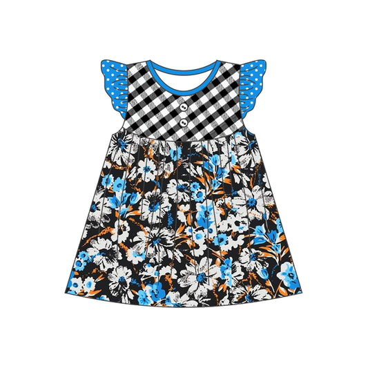 presale GSD1544 Flower Black and White Plaid Polka Dot Blue Fly Sleeve Dress 2024 11.5