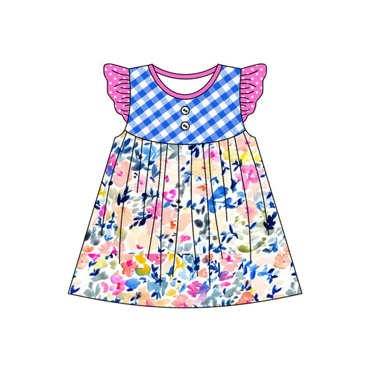 presale GSD1545  Floral blue and white plaid polka dot rose red flying sleeve dress 2024 11.5