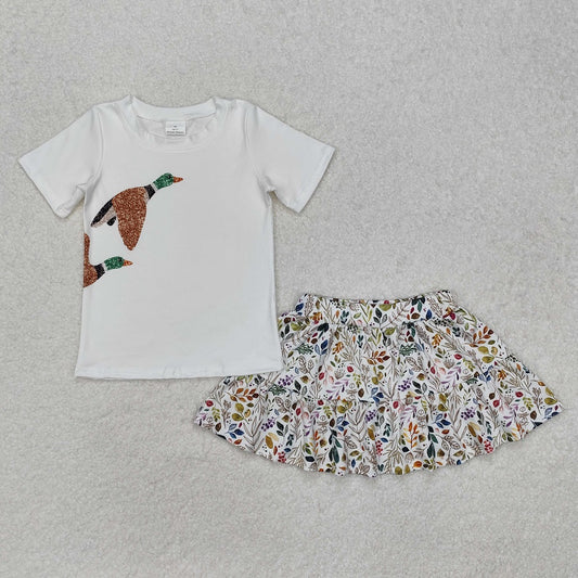 GSD1546 Duck White Short Sleeve Flower Leaf Short Skirt Suit