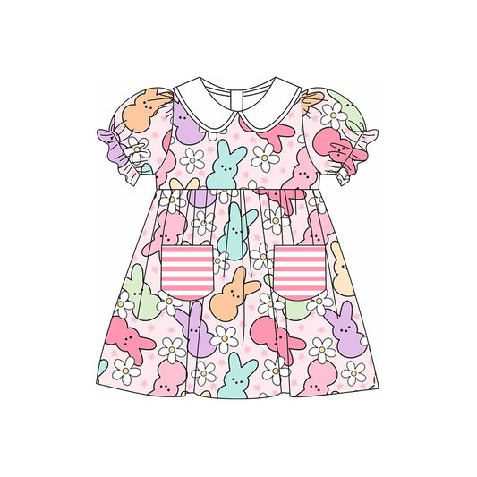 presale GSD1552 Easter Bunny Flowers Stars Pink Striped Pocket Doll Collar Short Sleeve Dress 2024 11.6