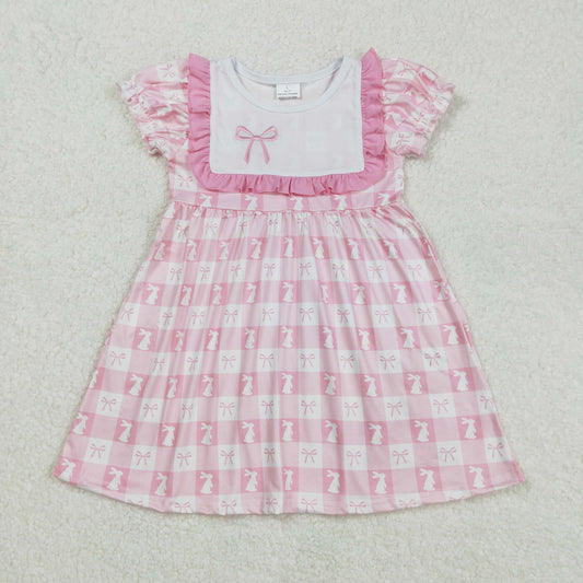 GSD1578 Embroidery Baby Girls Pink Easter Rabbits Checkered Knee Length Dresses
