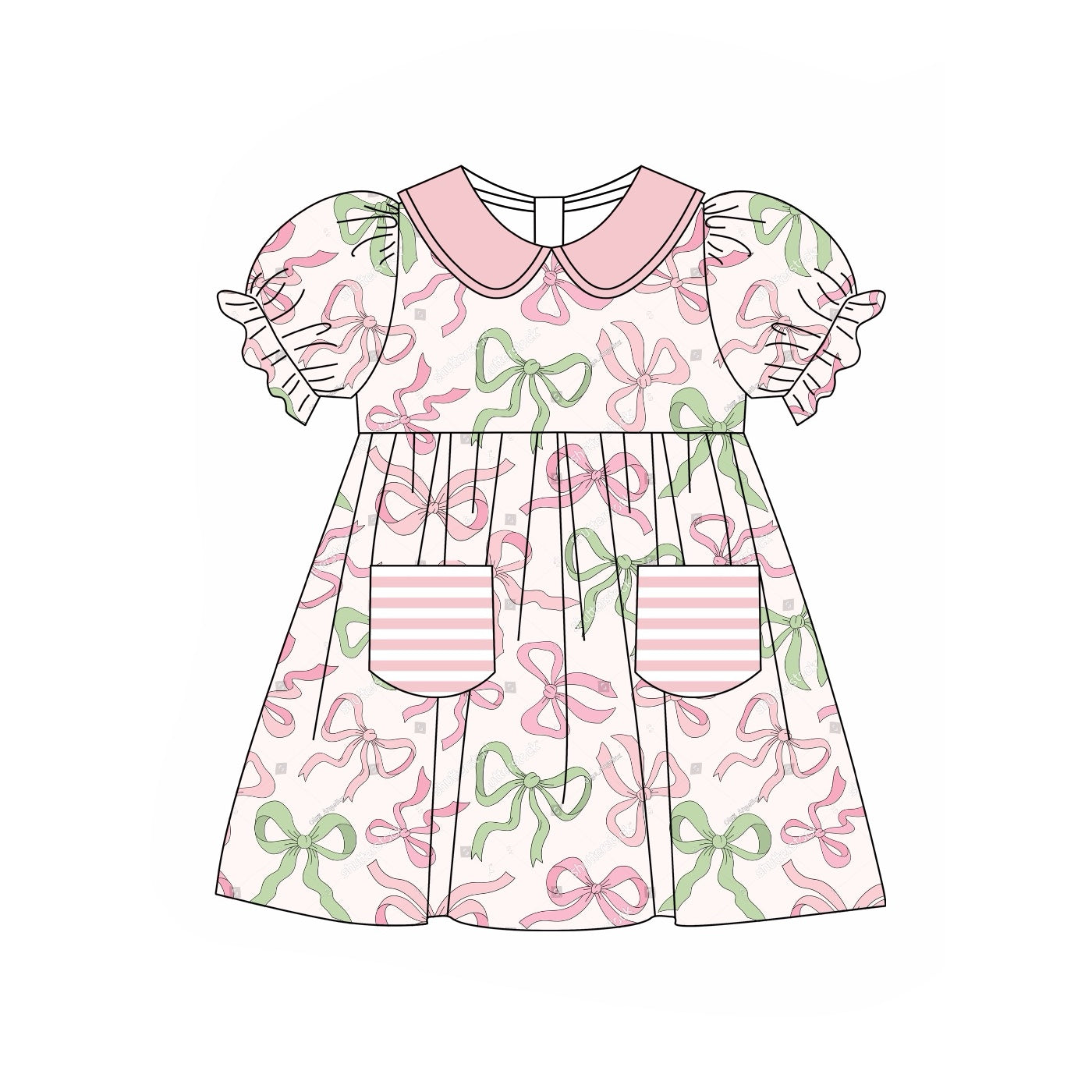 presale GSD1581 Pink short-sleeved dress with bow pattern striped pockets and a baby doll collar 2024 11.13