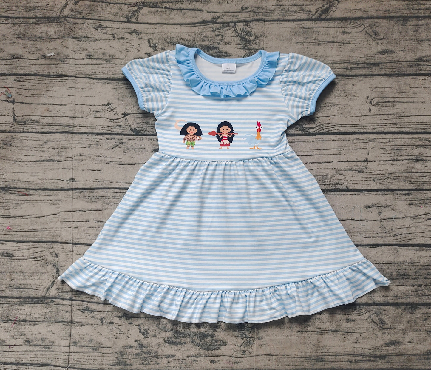 GSD1582   Cartoon Girl Chick Striped Blue Lace Short Sleeve Dress D 3.3