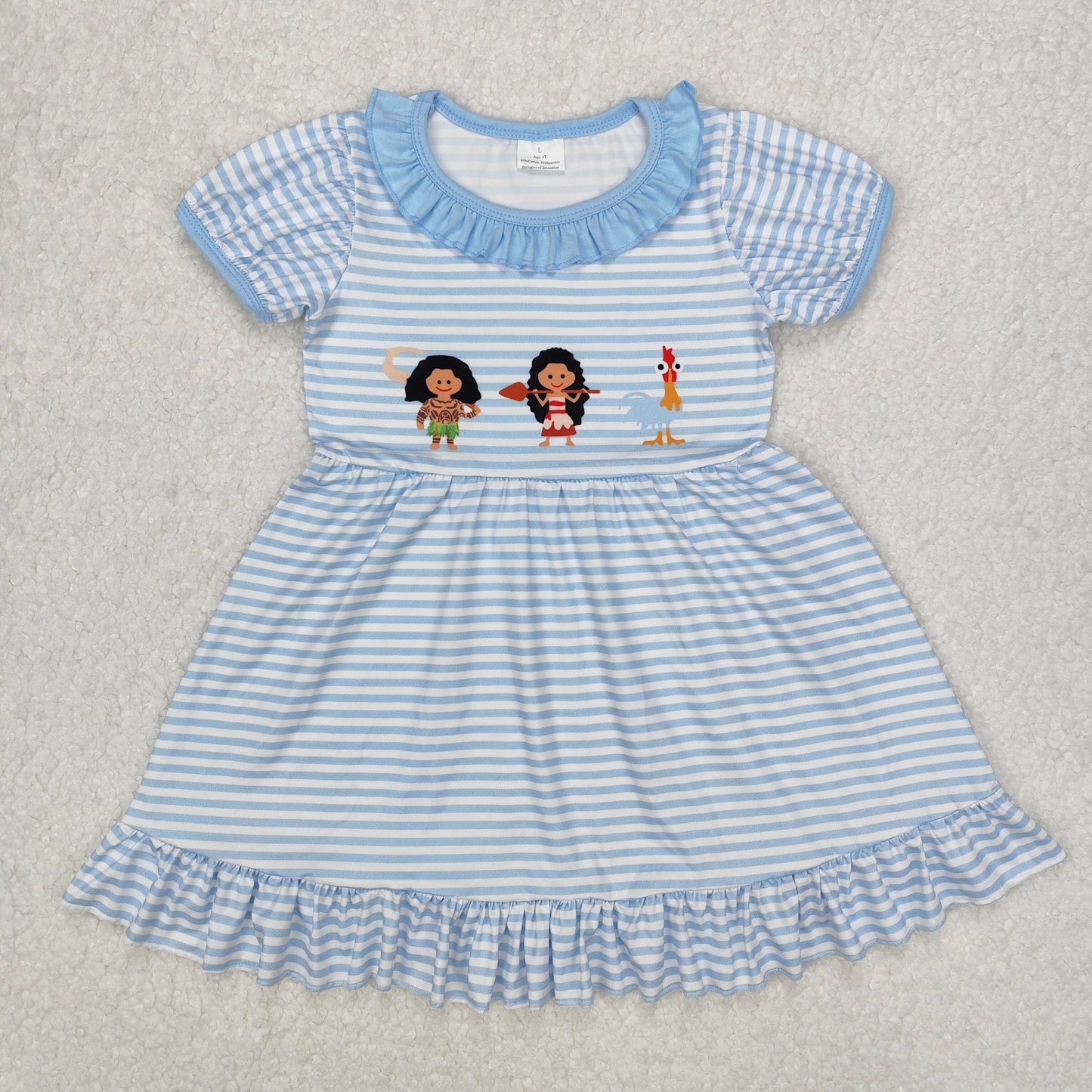 GSD1582   Cartoon Girl Chick Striped Blue Lace Short Sleeve Dress D 3.3