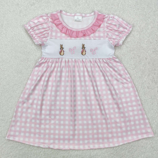 GSD1583 Pink Plaid Short Sleeve Dress with Easter Bunny Bow