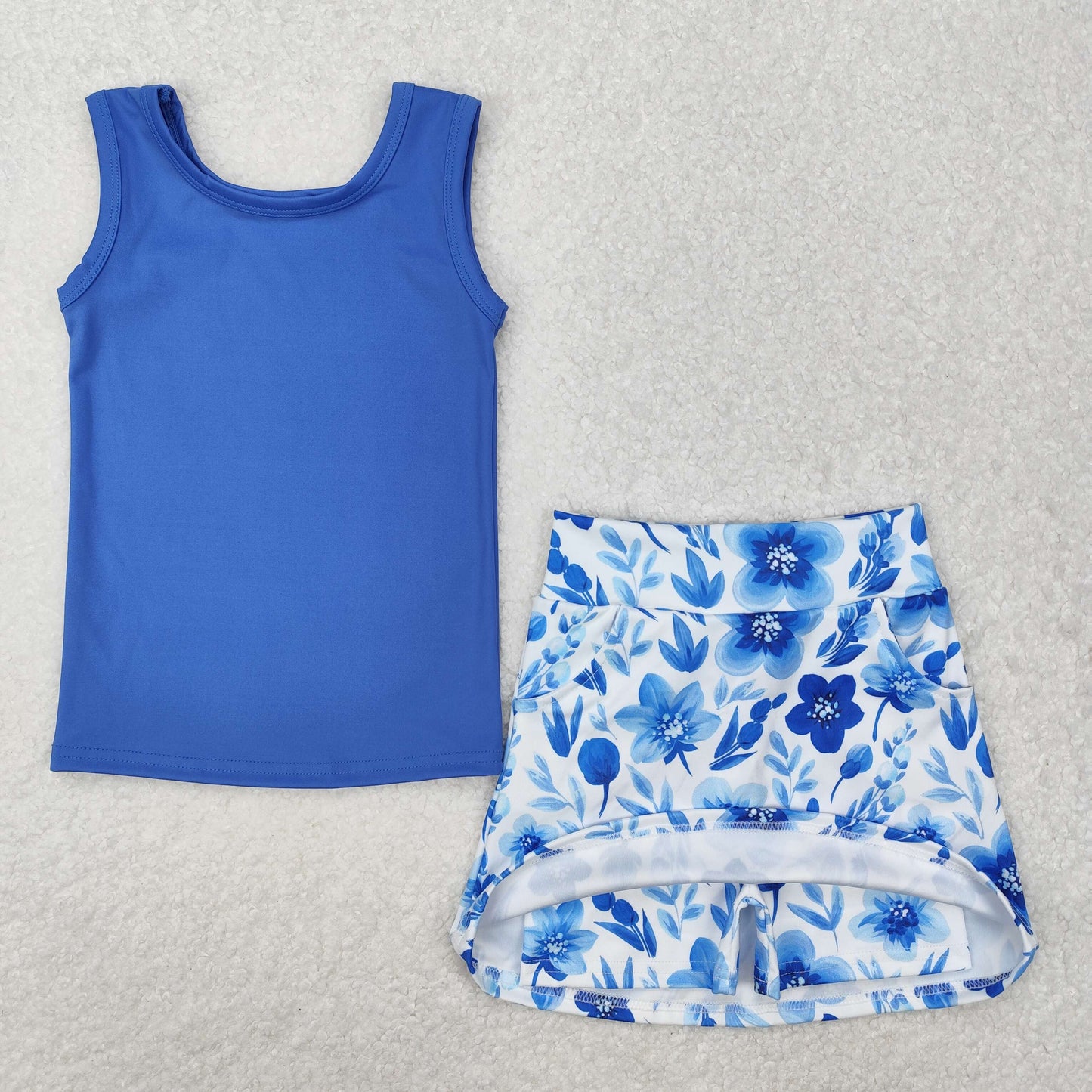 GSD1595 Baby Girls Blue Vest Flowers Pocket Skirt Skort Active Wear Clothes Sets D 4.24