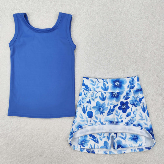 GSD1595 Baby Girls Blue Vest Flowers Pocket Skirt Skort Active Wear Clothes Sets D 4.24