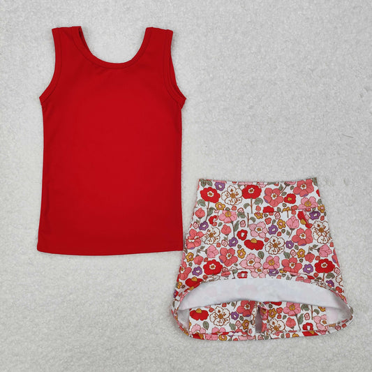 GSD1598 Solid red vest flower pants skirt set