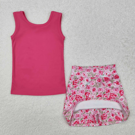 GSD1599 Solid Rose Red Vest Flower Pants Skirt Yoga Set D 4.25