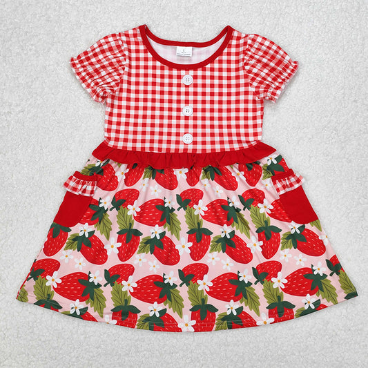 GSD1612  Strawberry Flower Leaf Pocket Red Plaid Short Sleeve Dress  D 3.24