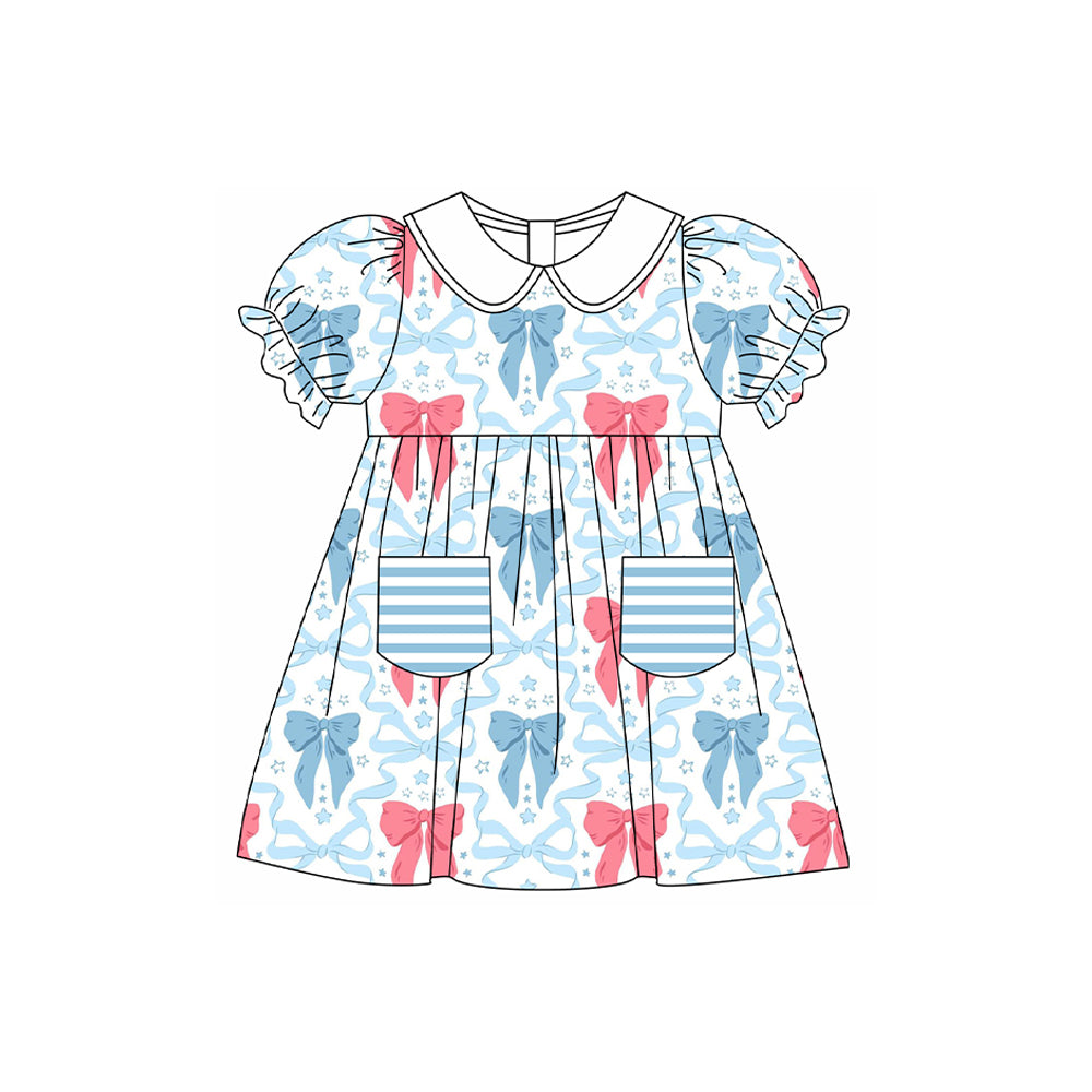 presale GSD1617 Bow pattern star blue stripe pocket doll collar short sleeve dress  2024 11.22