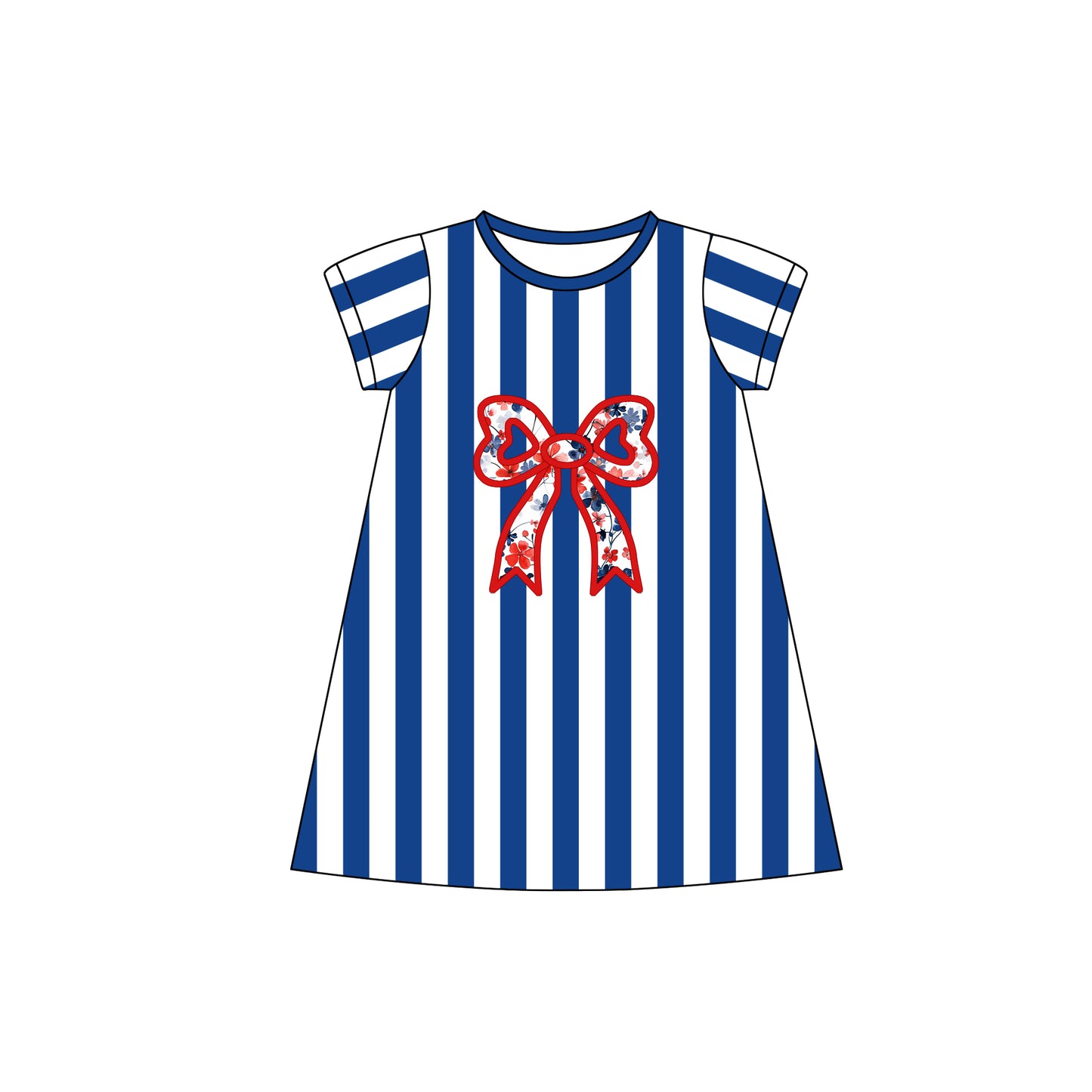 presale GSD1627 Floral Bow Blue and White Striped Short Sleeve Dress  2024 11.25