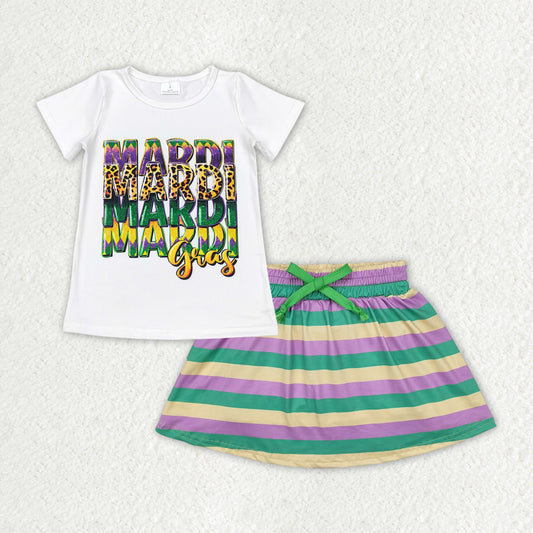 GSD1628 Baby Girls Mardi Gras White Shirts Tops Skort Clothes Sets