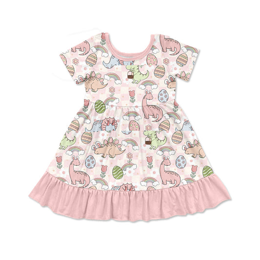 presale GSD1631 Easter Egg Dinosaur Rainbow Plaid Pink Short Sleeve Dress 2024 11.27