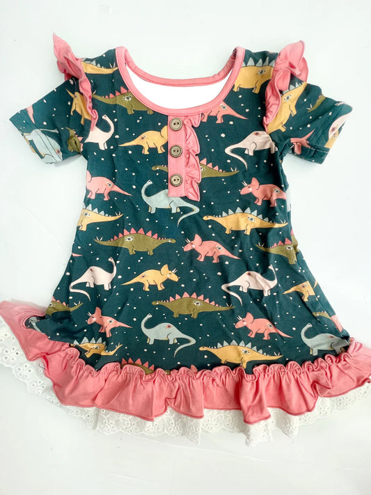 presale GSD1638 Dinosaur Pink Lace Dark Green Short Sleeve Dress 2024 11.28