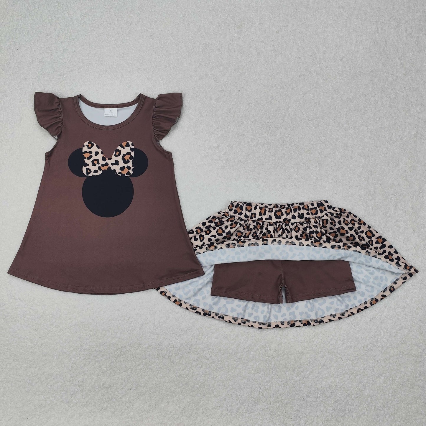 GSD1664 Leopard Print Bow Brown Fly Sleeve Pants and Skirt Set