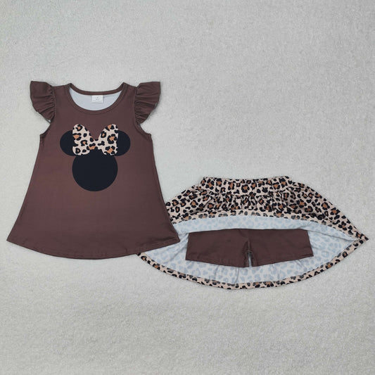 GSD1664 Leopard Print Bow Brown Fly Sleeve Pants and Skirt Set