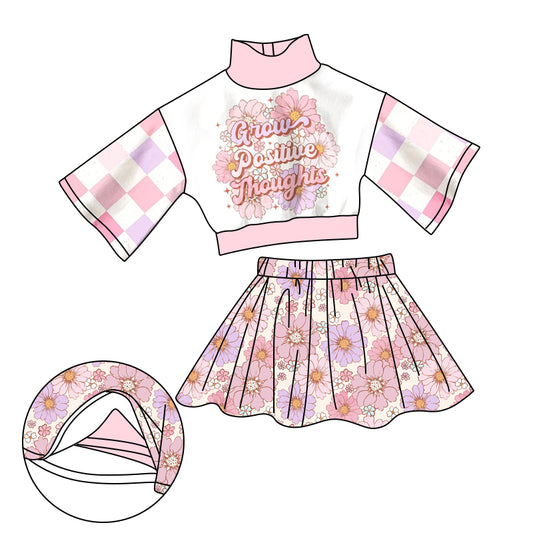 presale GSD1665 Letter Pink Purple Flower Plaid Short Sleeve Pants Skirt Set 2024 12.4