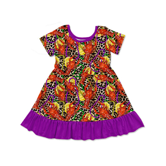 presale GSD1666 Mardi Gras Crayfish Corn Purple Lace Leopard Print Short Sleeve Dress   2024 12.5