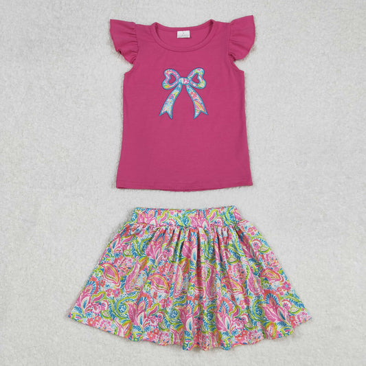 GSD1688  Seaweed Bowknot Pattern Rose Red Fly Sleeve Skirt Set