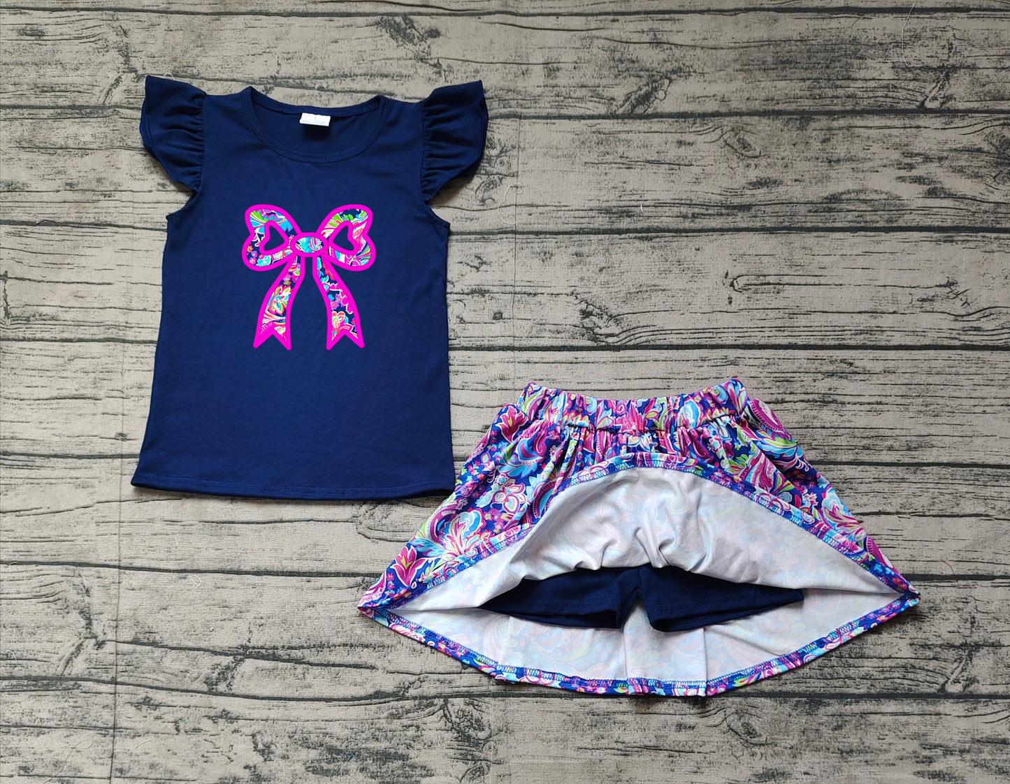 GSD1689   Blue Fly Sleeve Pants Dress Set with Flower Pattern and Bow Tie  D 3.17