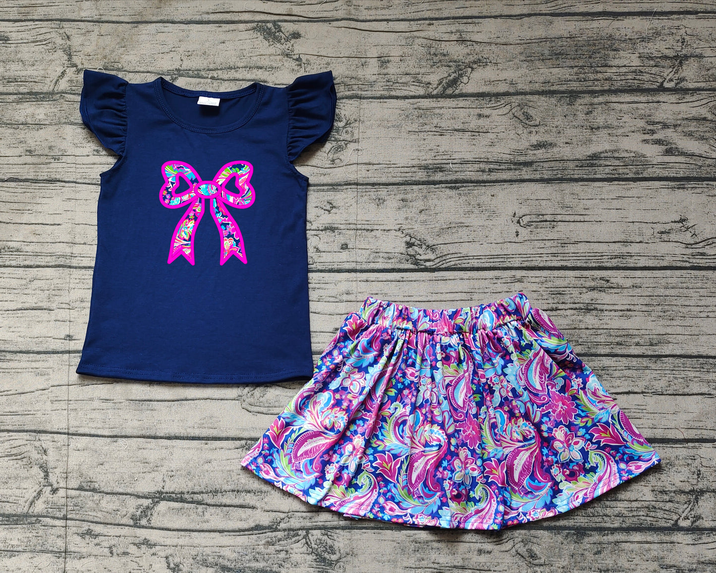 GSD1689   Blue Fly Sleeve Pants Dress Set with Flower Pattern and Bow Tie  D 3.17